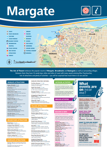 Blue top half with Margate town map. Underneath on white background list of attractions, sport and leisure, beaches