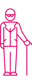 Pink outline graphic of a person with walking stick