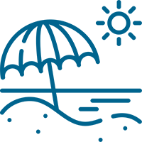 Blue outline graphic of beach umbrella and sun
