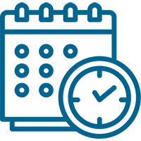 Blue outline graphic of calendar and clock