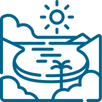 Blue outline graphic of beach