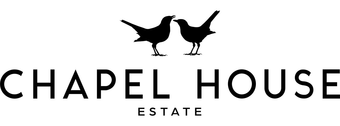 Black logo of two birds above capital text 'Chapel House Estate'