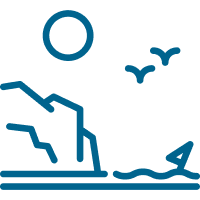 Blue outline graphic of coastline