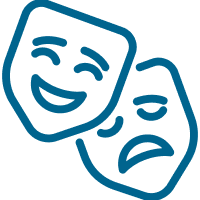 Blue outline graphic of two theatre masks