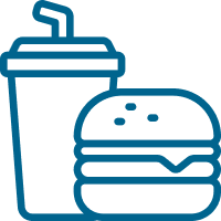 Blue outline icon drawing of drink and burger