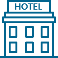 Blue outline graphic of a hotel