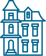 Blue outline graphic of a Victorian house - 3 floors, doors and windows