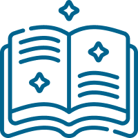 Blue outline graphic of an open book