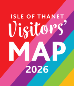 Diagonally striped (red, pink, purple, blue, green, yellow) with white text Isle of Thanet Visitors' Map 2026 on