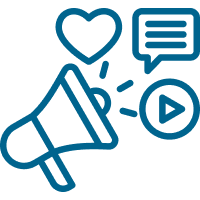 Blue outline graphic of megaphone and speech