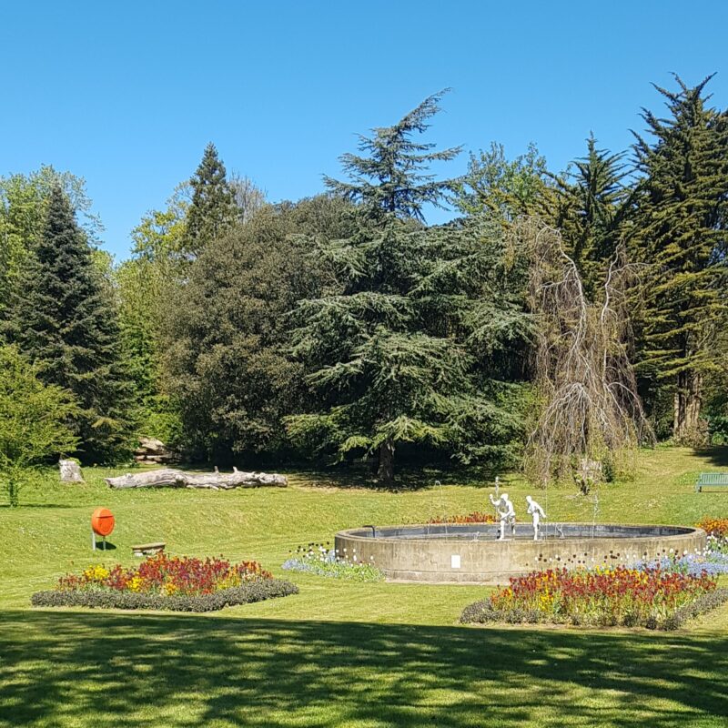 Sunny large country house garden of trees, lawns and flowers plus pond with water feature
